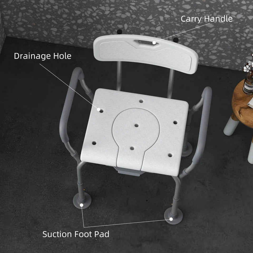 Shower commode chair with carry handle, drainage hole, and suction foot pads