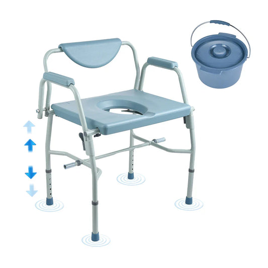 Light blue commode chair with padded seat, armrests, and matching lidded bucket