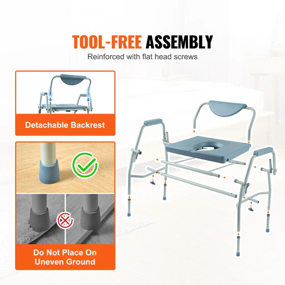 Commode chair with detachable backrest and tool-free assembly, blue seat