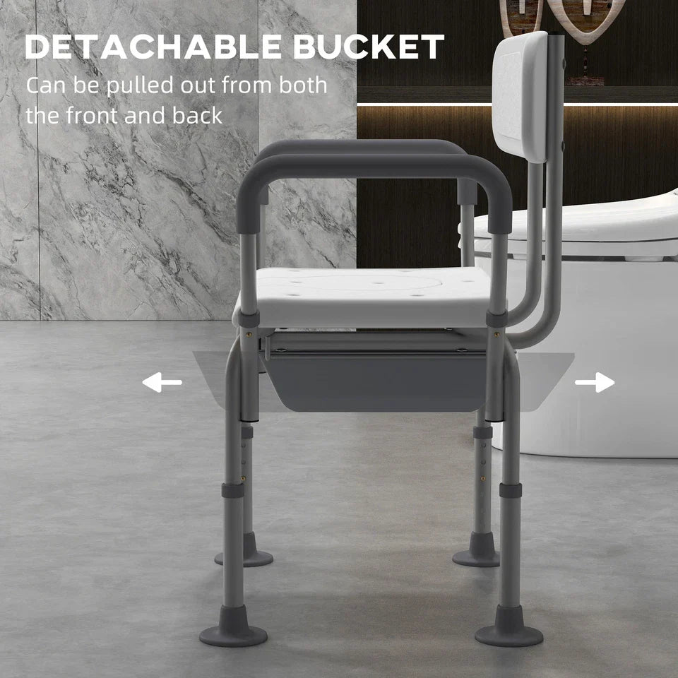 Shower commode chair with detachable bucket and side handle grips, gray base