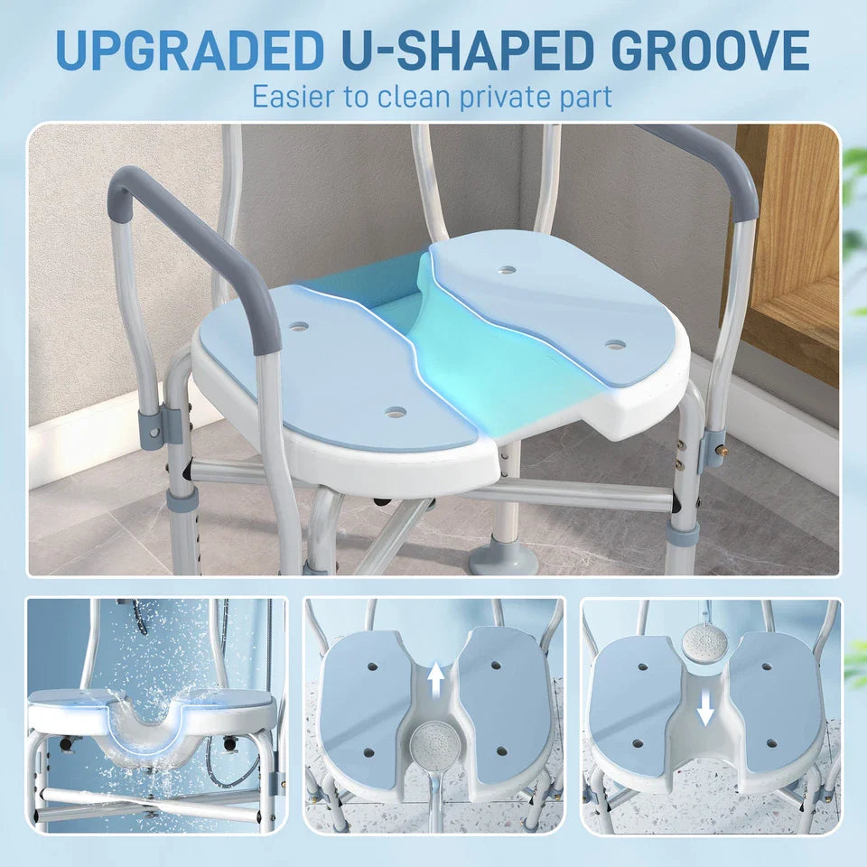Shower chair seat with light blue insert pads and drainage holes on the top surface