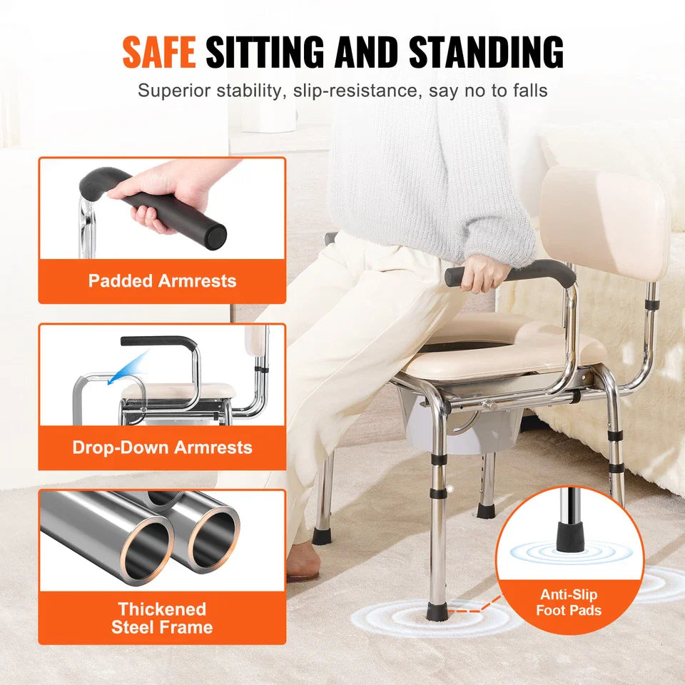 Commode chair with padded armrests and drop-down armrests, anti-slip foot pads, steel legs