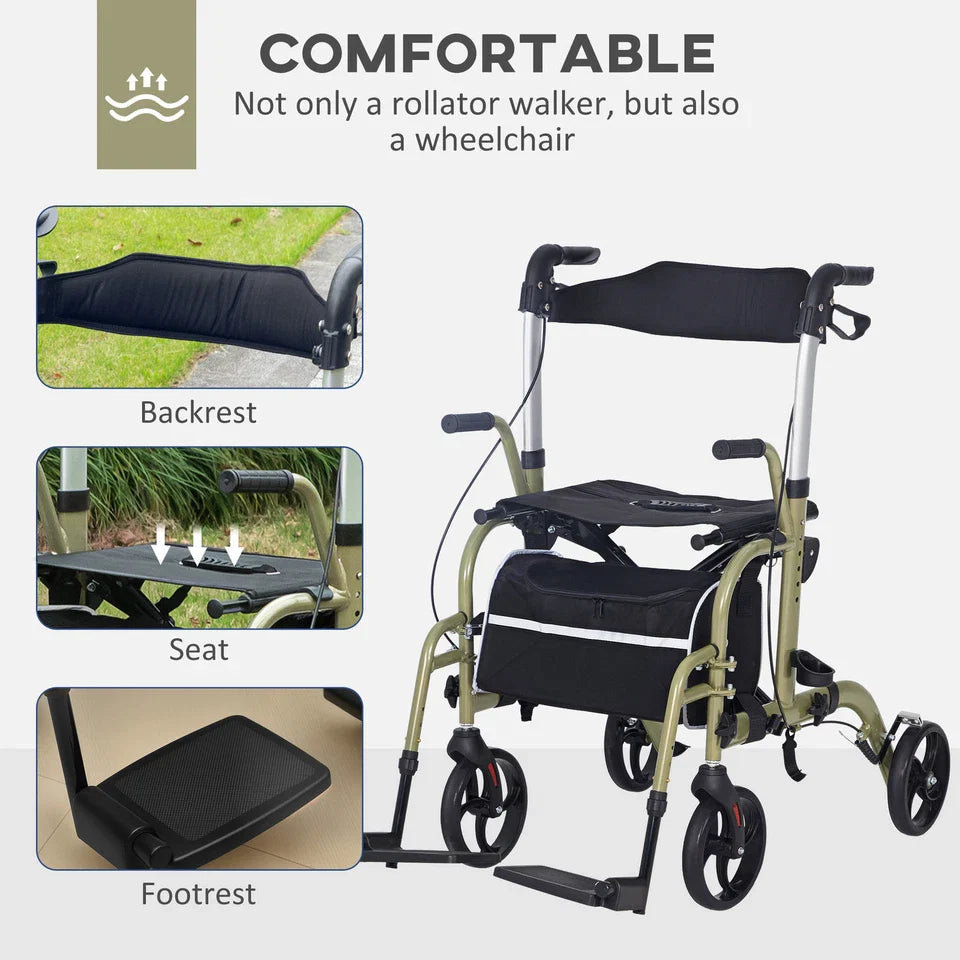 Rollator walker wheelchair with black backrest, seat, and footrest, light metal frame