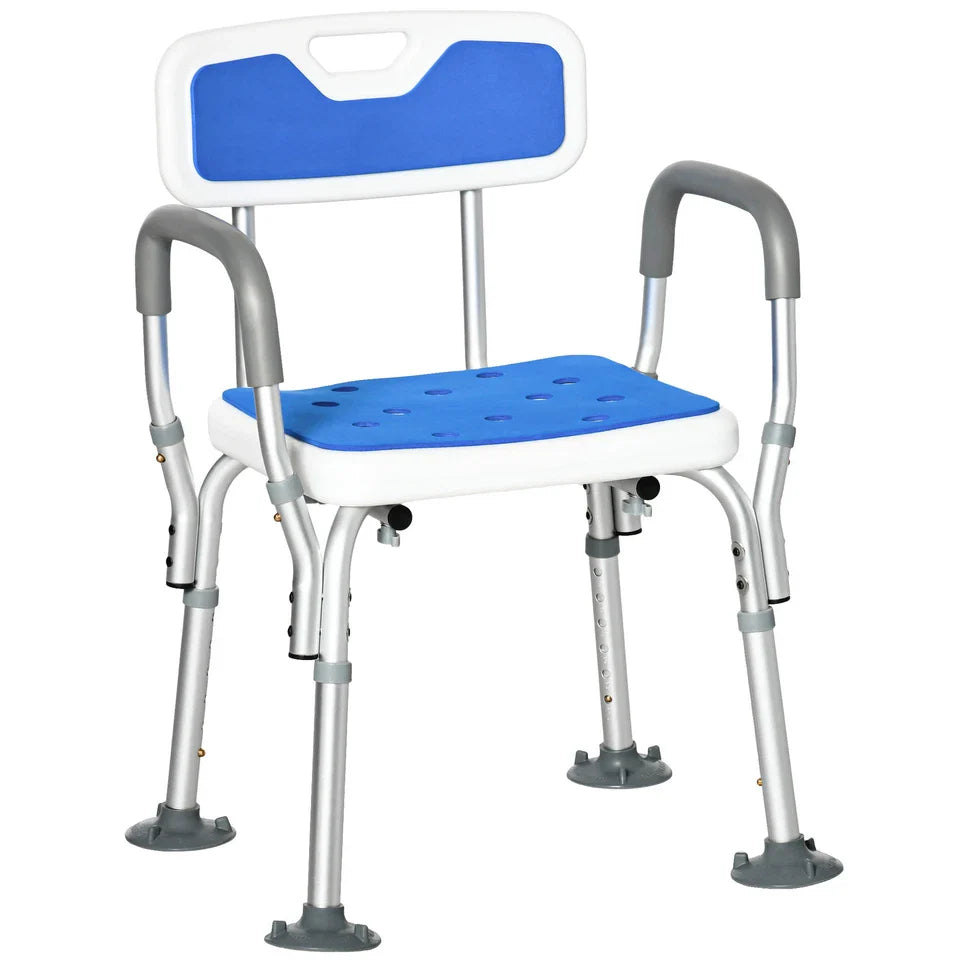 Shower chair featuring blue seat panel with drain holes and padded armrests, grey legs
