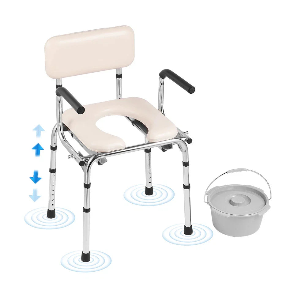 Front view bedside commode chair with U-shaped padded seat, flip-up armrests, bucket holder