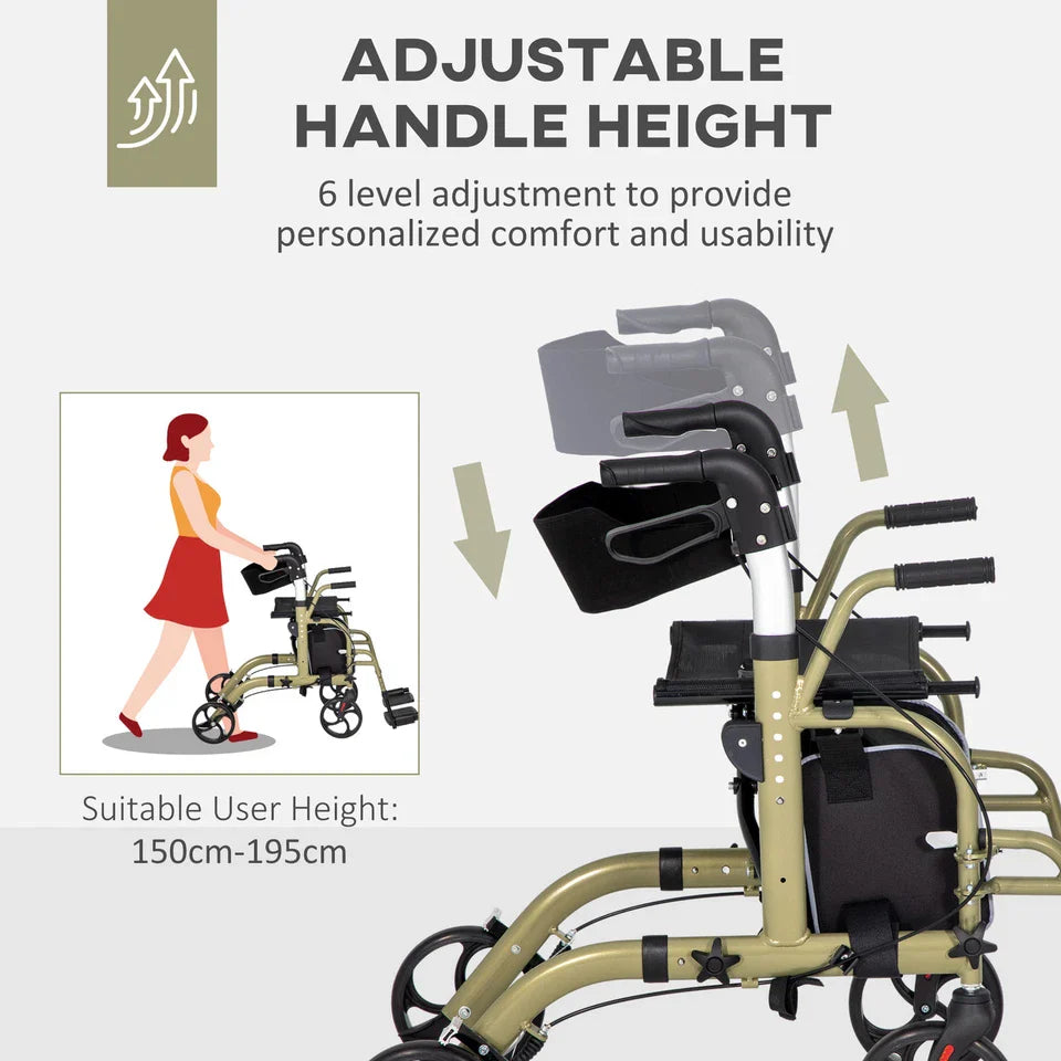 Adjustable handle height rollator walker wheelchair with black padded back and armrests
