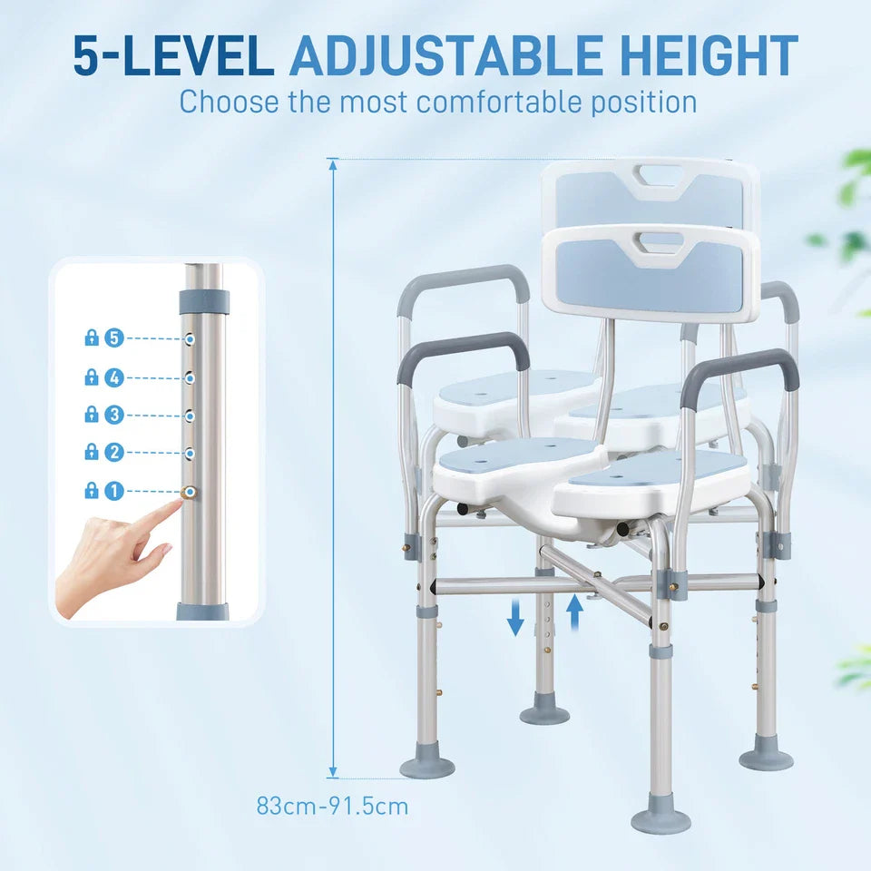 Adjustable-height shower chair with armrests, white frame, and light blue seat pads