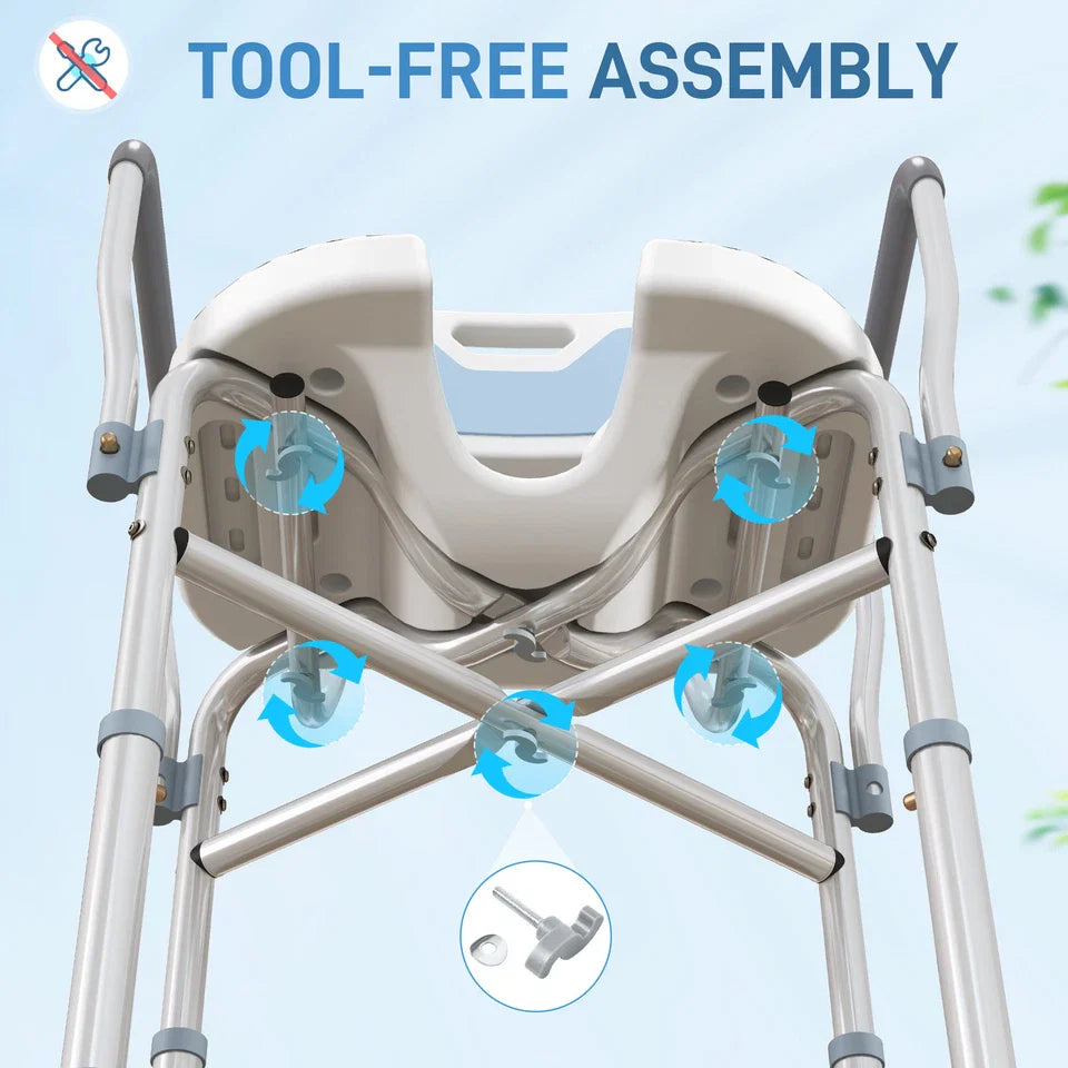 Shower chair underside with crossbar supports and fasteners at the seat hinge area