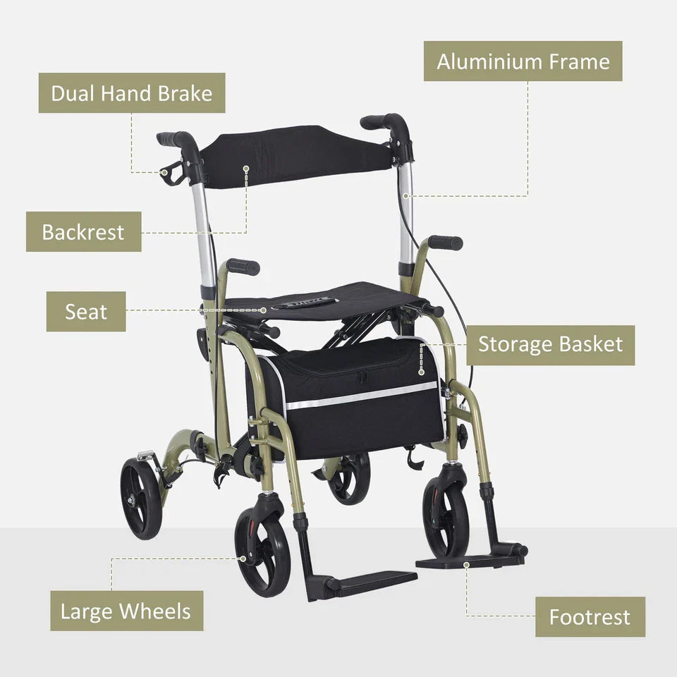 Rollator wheelchair features: backrest, seat, storage basket, footrest, large wheels