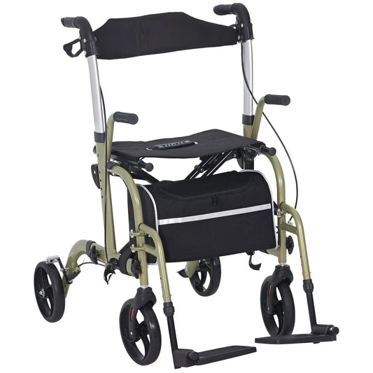 Rollator wheelchair with black seat cushion, padded backrest, and caster wheels
