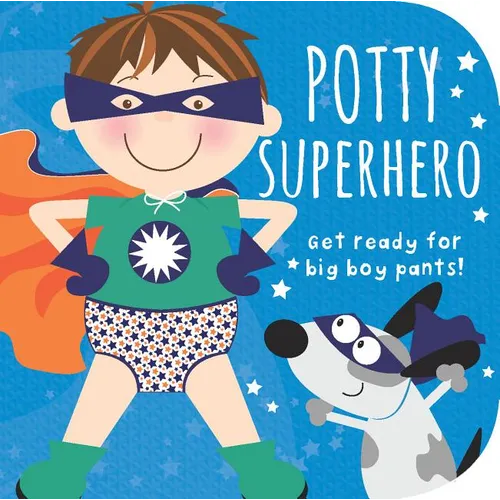 Potty superhero board book cover with masked boy and cute dog illustration