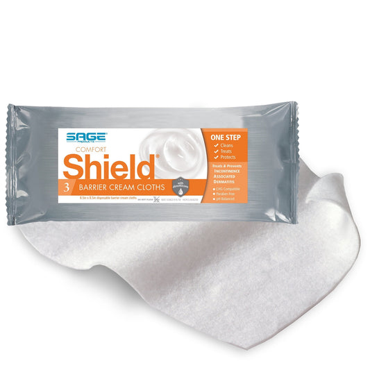 SAGE Comfort Shield barrier cream cloths, sealed pack with 3 cloths label