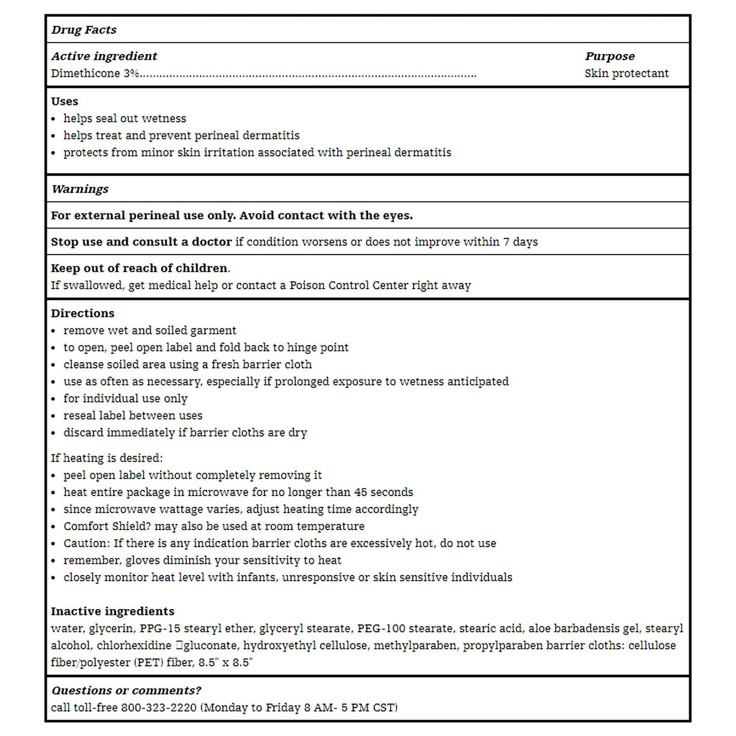 Drug Facts panel for barrier cream cloths, active ingredient dimethicone