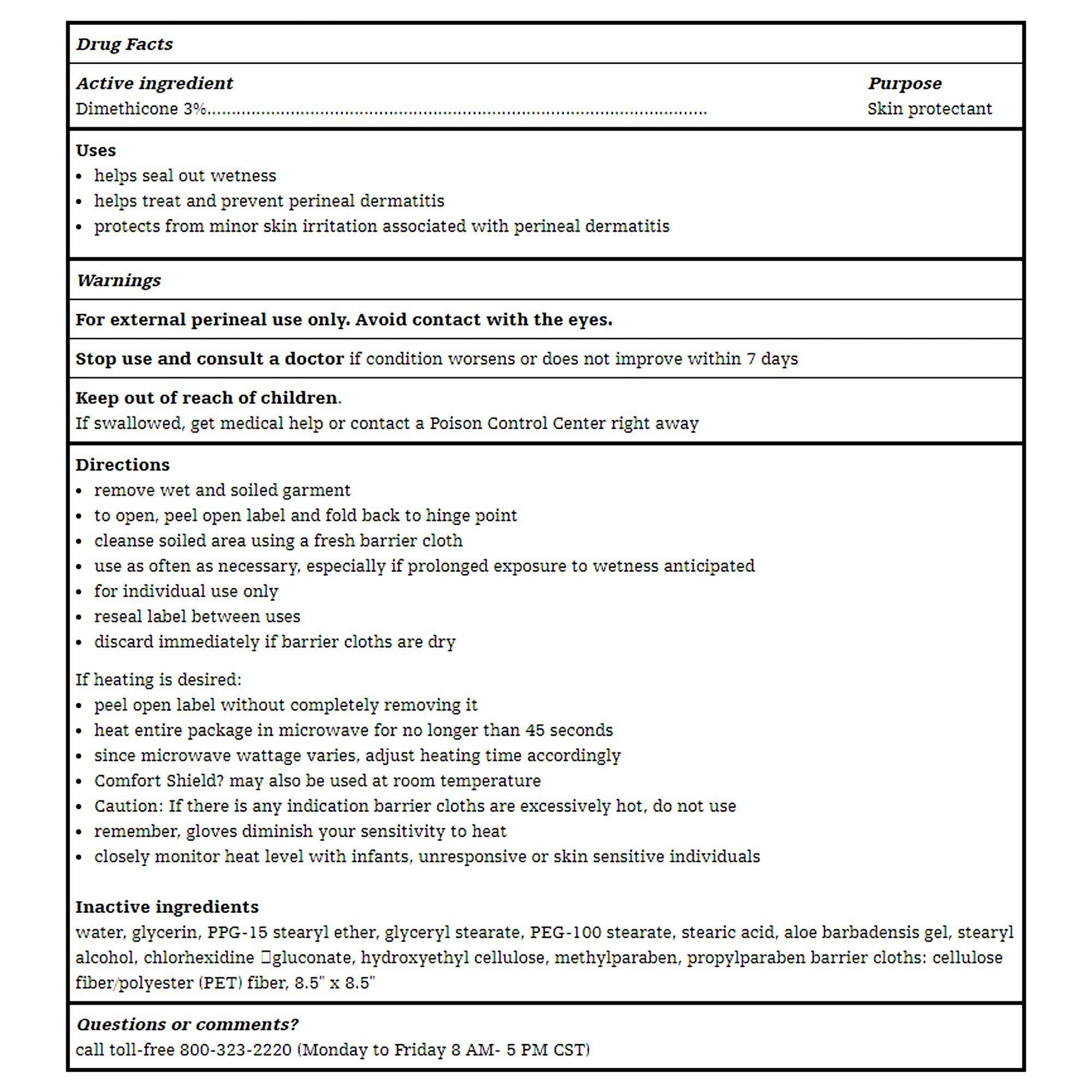 Drug Facts panel for barrier cream cloths, active ingredient dimethicone