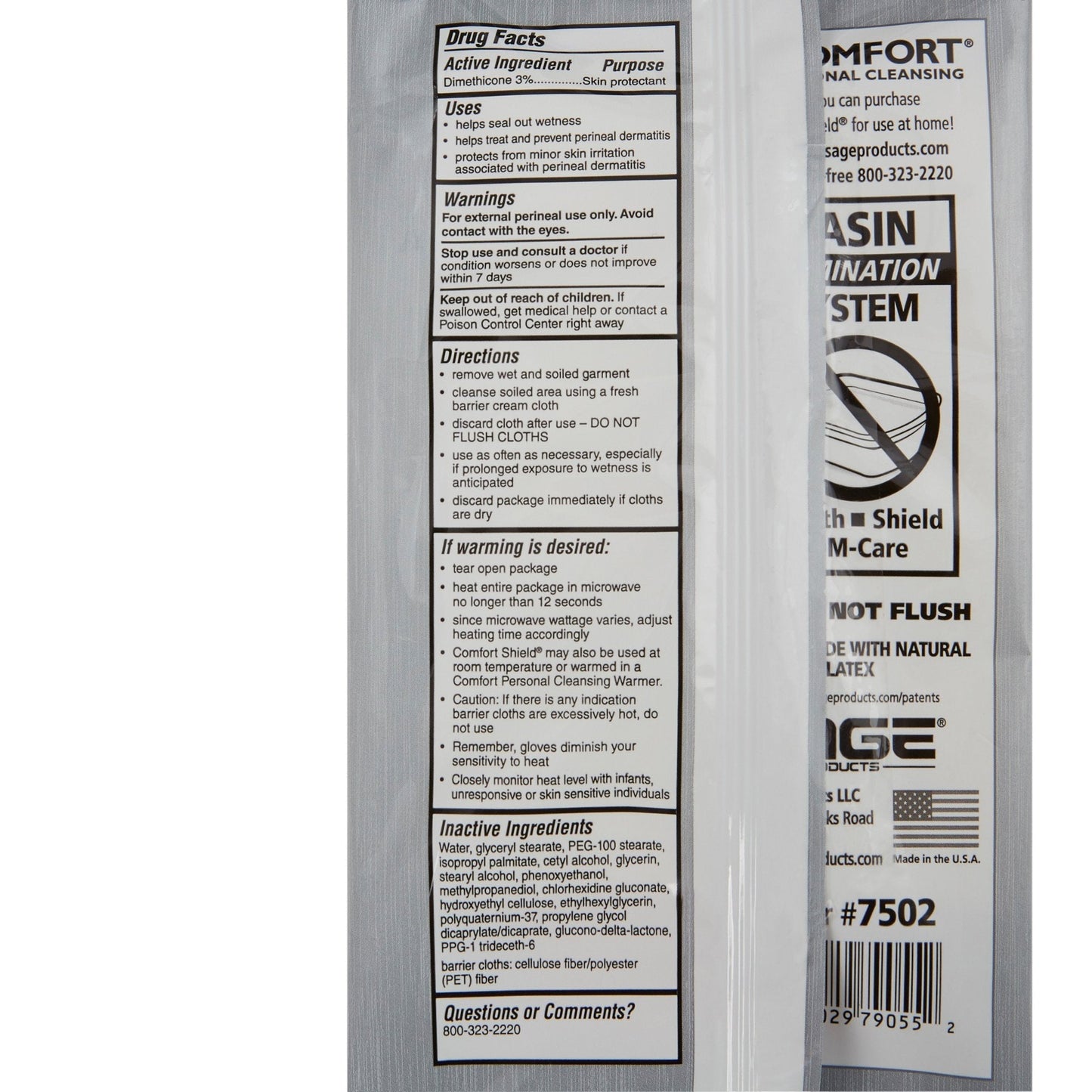 Comfort Shield barrier cream cloths back panel with warnings and directions