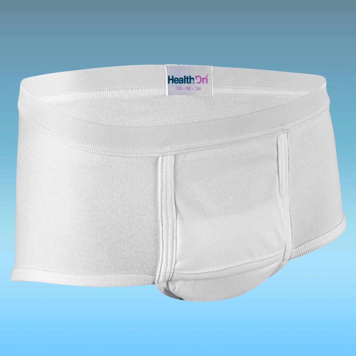 White men’s breathable reusable briefs with elastic waistband and front absorbent panel