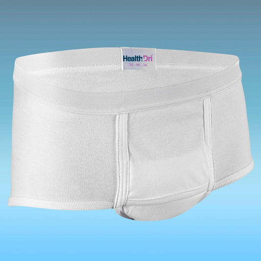 White men’s breathable reusable briefs with elastic waistband and front absorbent panel