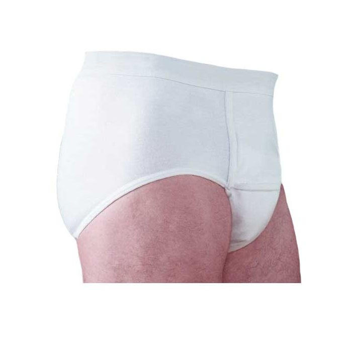 White reusable briefs, rear view with absorbent lining visible at back