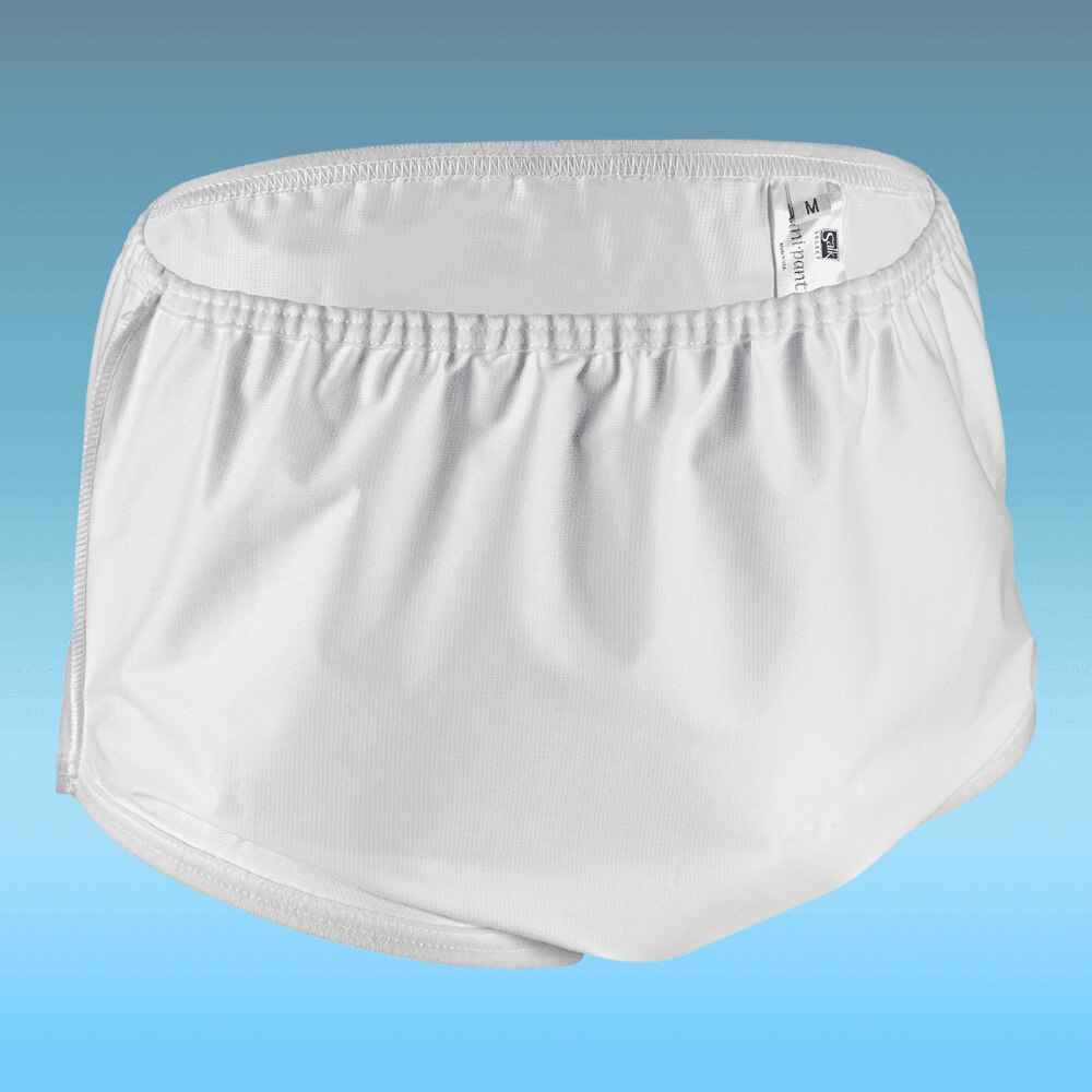 White pull-on waterproof nylon pant with elastic waistband and stitched hem, size M