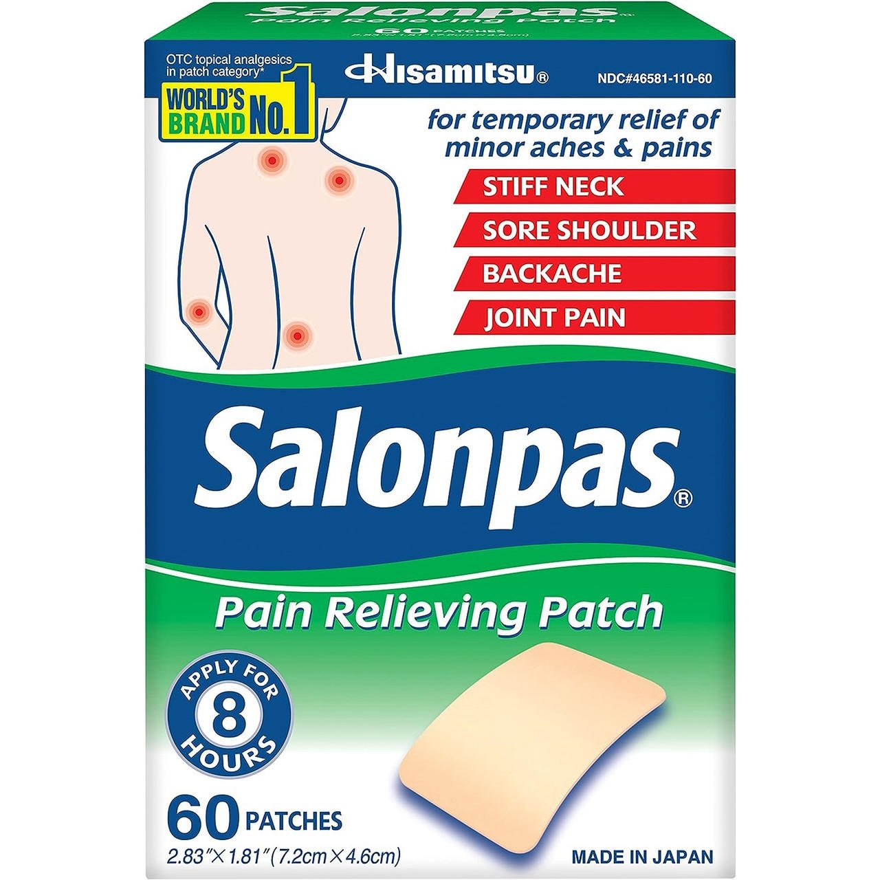 Pain relieving patch box, 60 patches, 8-hour application