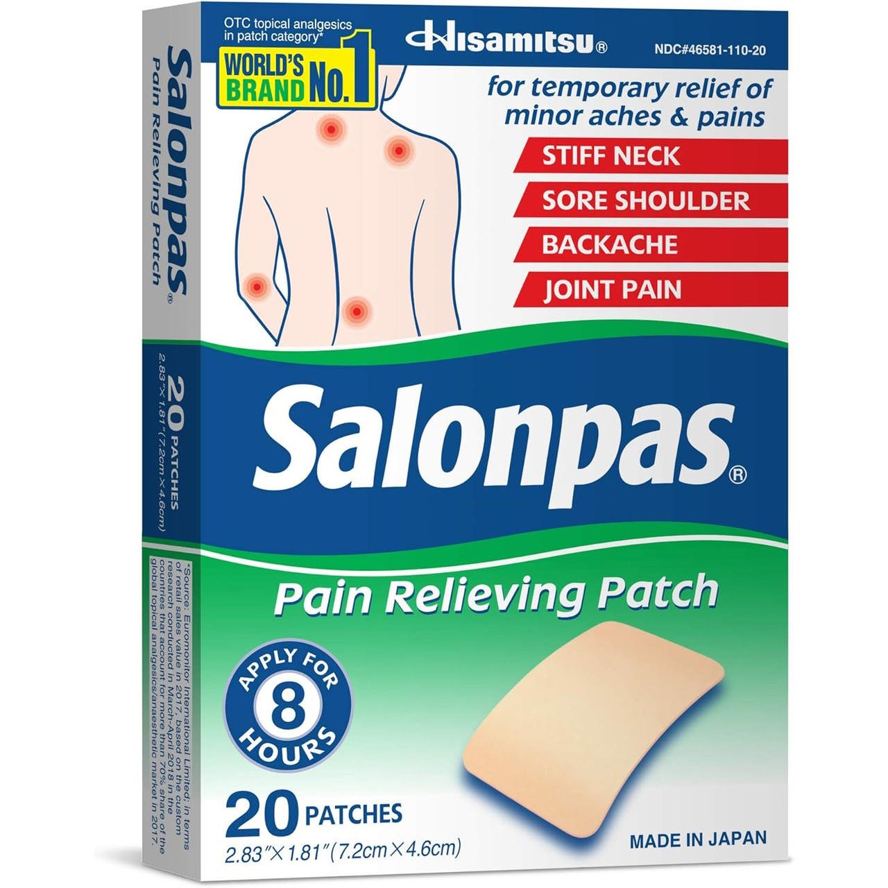 Pain relieving patch box, 20 patches, 8-hour application