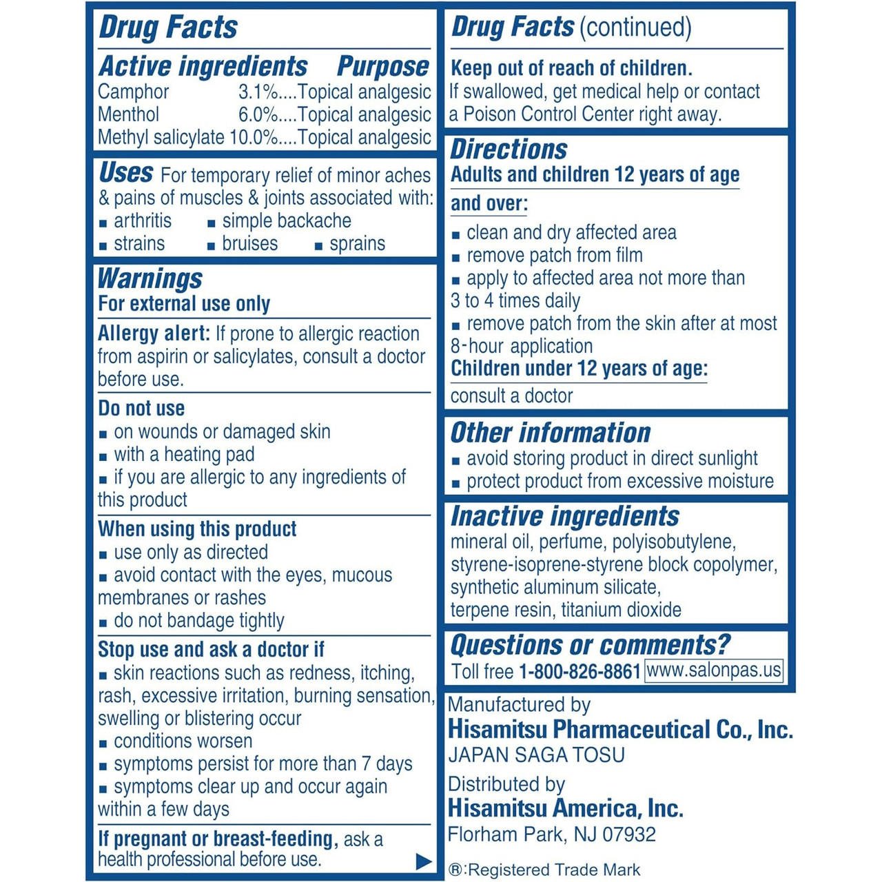 Pain relieving patch box drug facts panel with active ingredients and directions