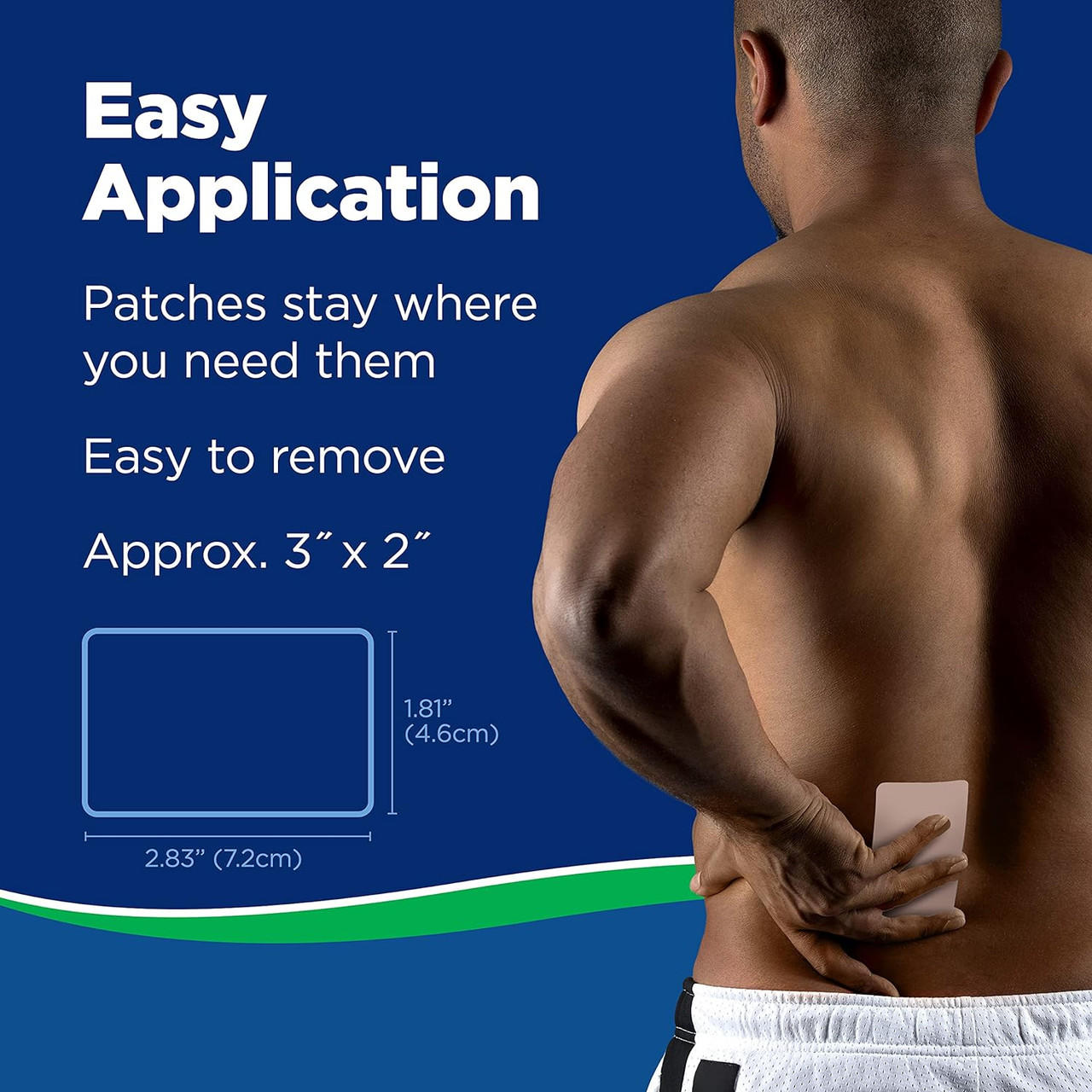 Large pain relief patch easy application, approx. 3" x 2" size
