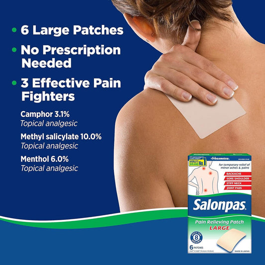 Large pain relief patch on back, beige rectangular patch