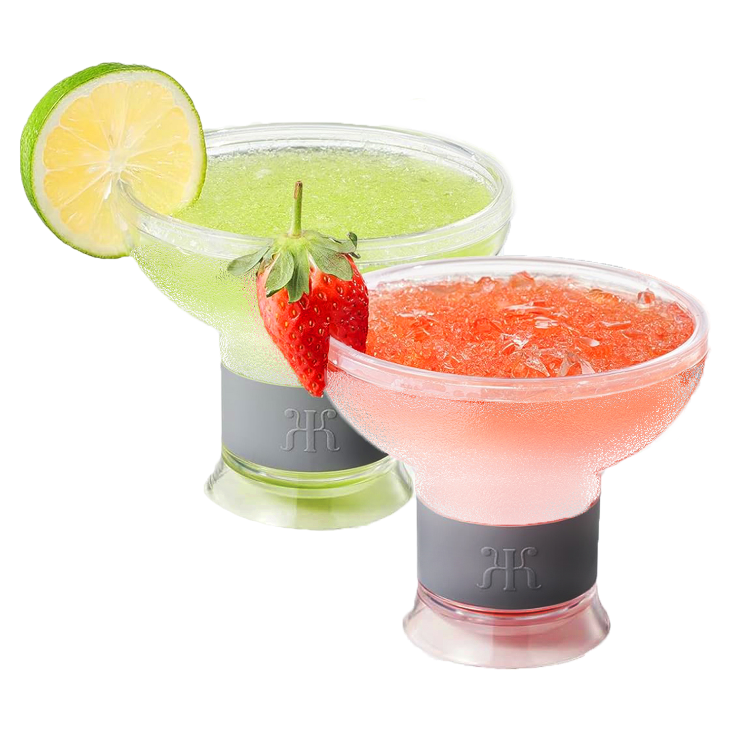 Acrylic frozen cocktail chiller glass with clear rim and green frosted base band