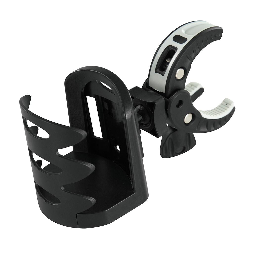 Black scooter cup holder with adjustable cradle and side drink slots