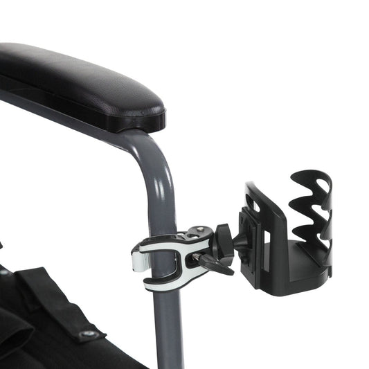 Cup holder clamp attaches to scooter handlebar; black cradle and side support