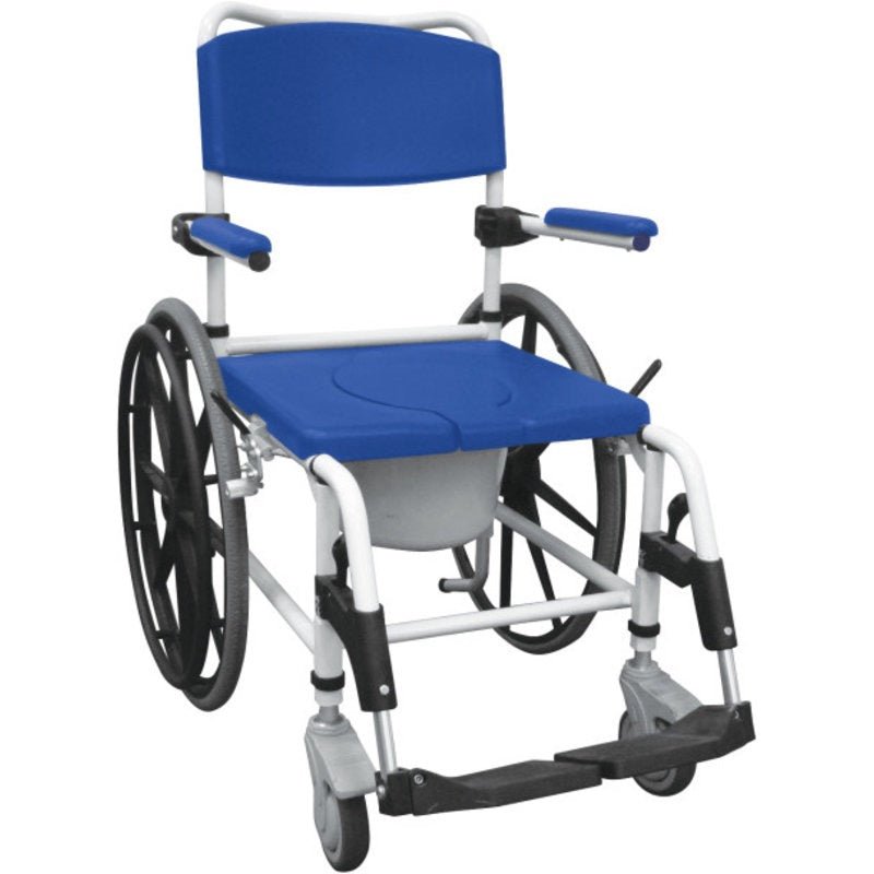 Self propelled shower commode chair with blue padded seat and back, armrests, large wheels