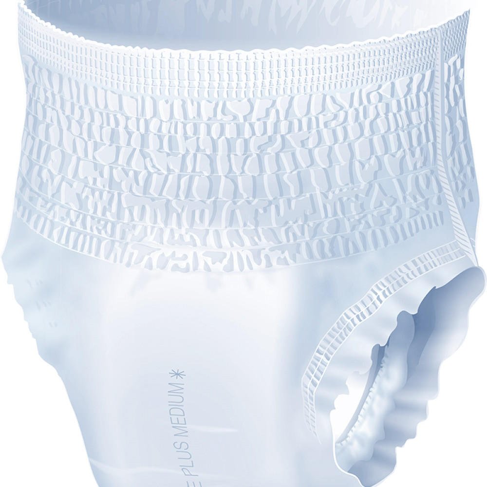 Light blue absorbent disposable underwear with elastic waistband and leg cuffs