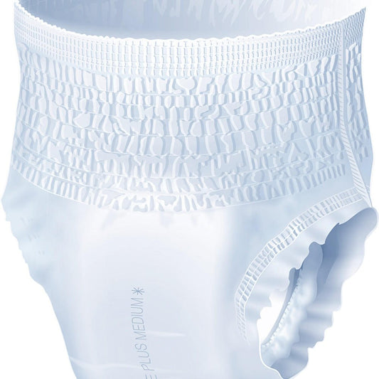 Light blue absorbent disposable underwear with elastic waistband and leg cuffs