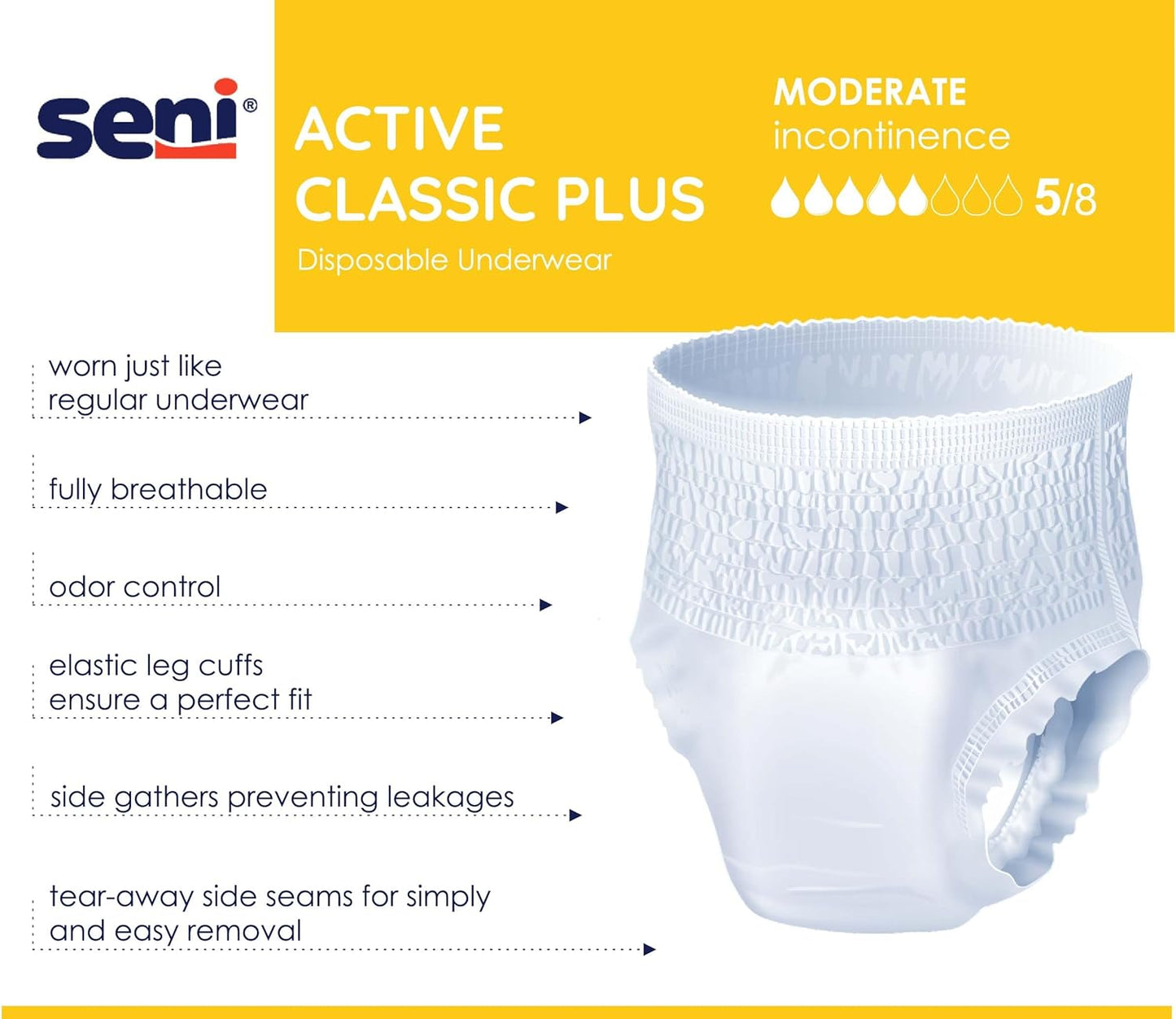 Disposable absorbent underwear for moderate incontinence, elastic leg cuffs, tear-away seams