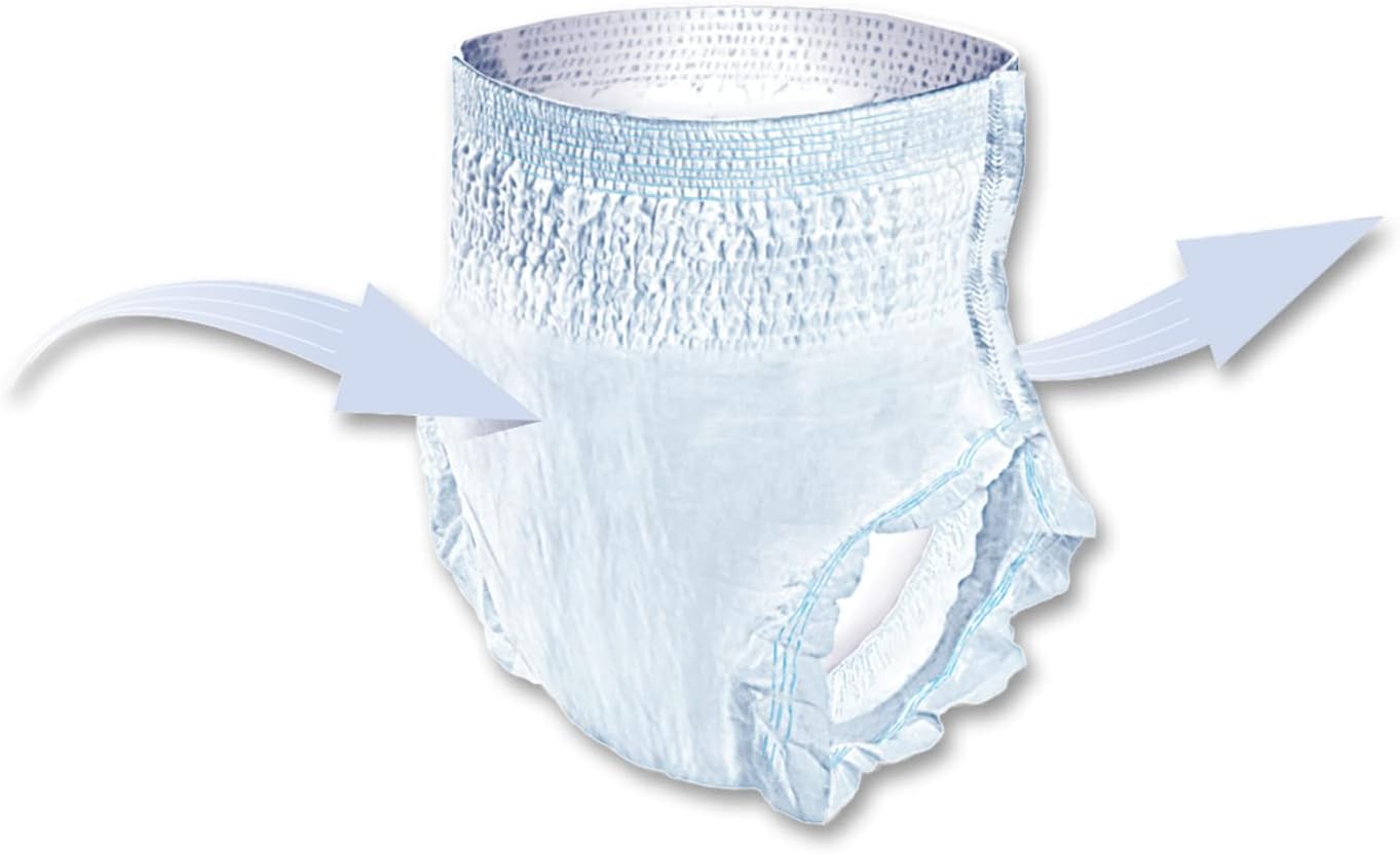 Light blue absorbent disposable underwear with side panels and elastic leg openings