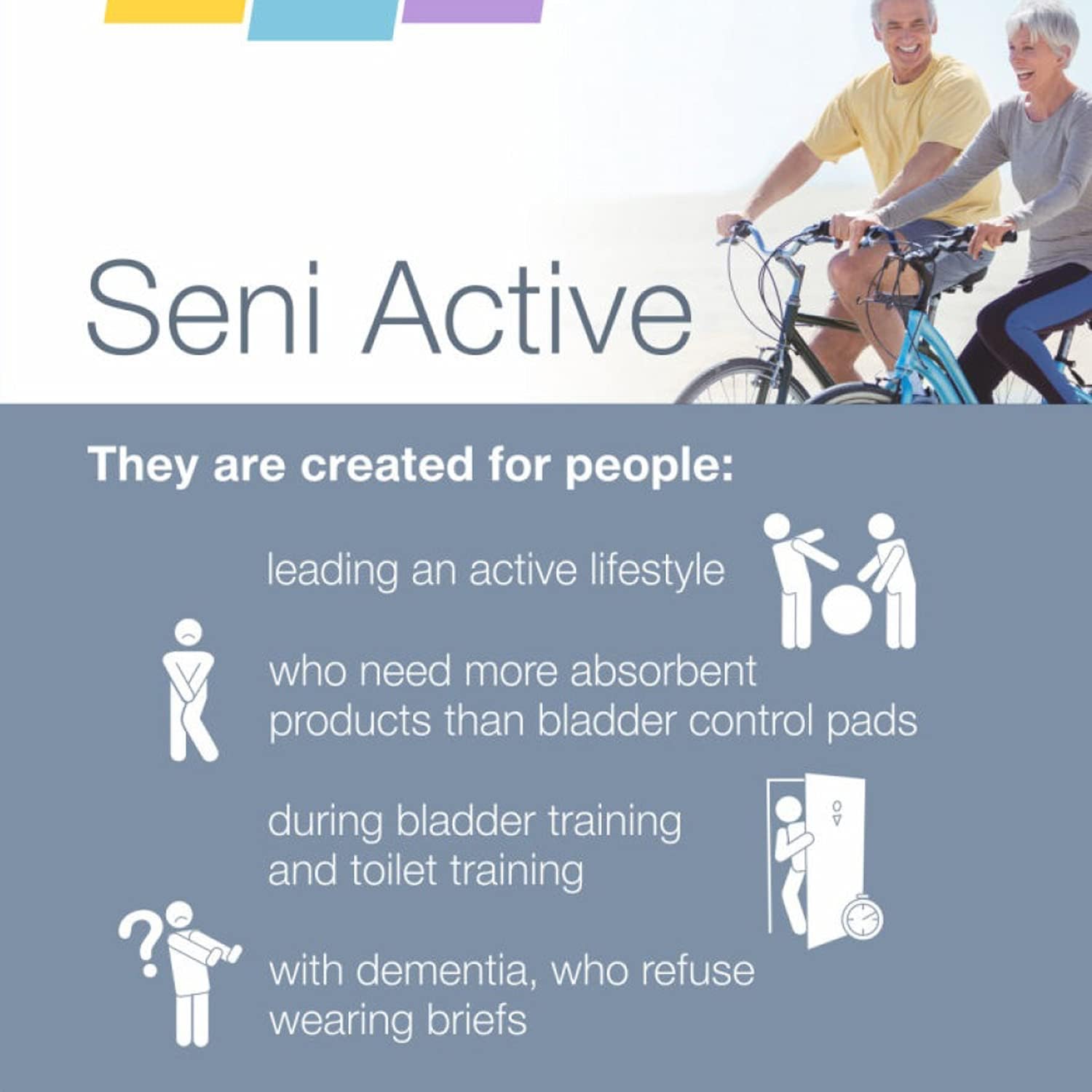 Disposable absorbent underwear for an active lifestyle, info panel view