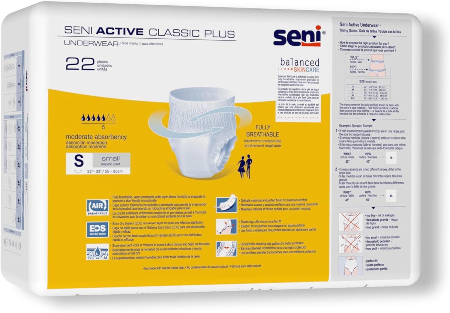 Disposable absorbent underwear, size S, 22-piece pack, back-panel product details