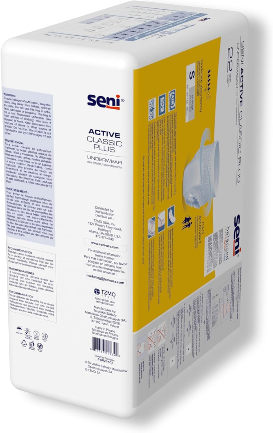 Seni Active Classic Plus absorbent underwear, size S, packaging side view