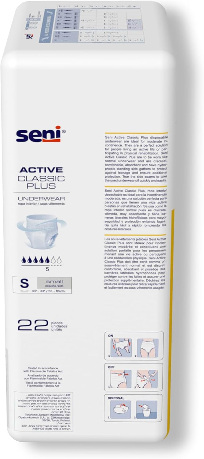 Seni Active Classic Plus absorbent underwear, size S, 22-pack, front panel