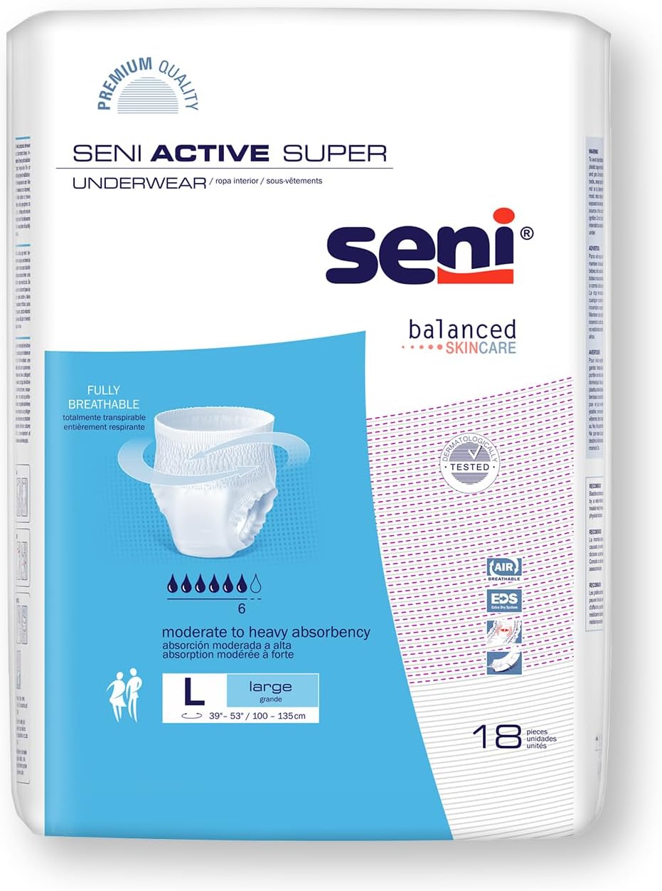 Large disposable absorbent underwear, Seni Active Super, pack of 18; breathable