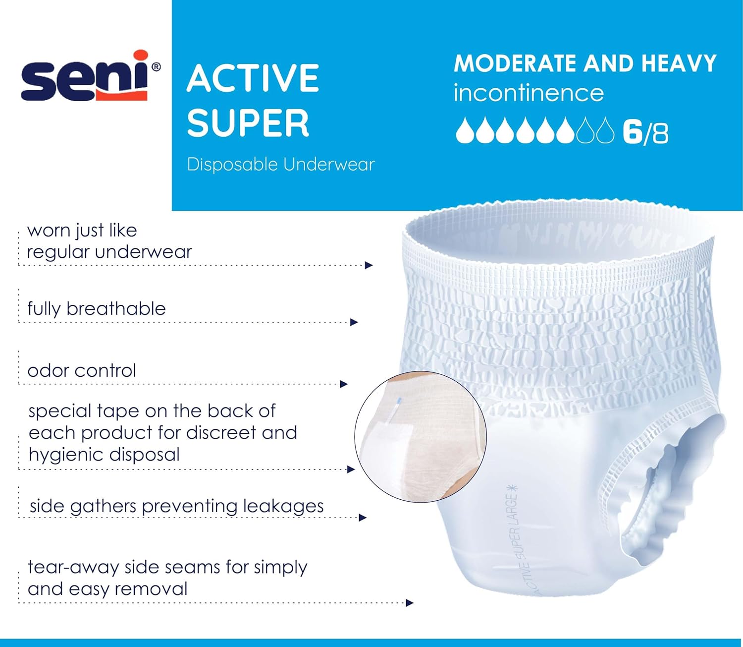White disposable incontinence underwear, moderate/heavy 6/8; tear-away side seams