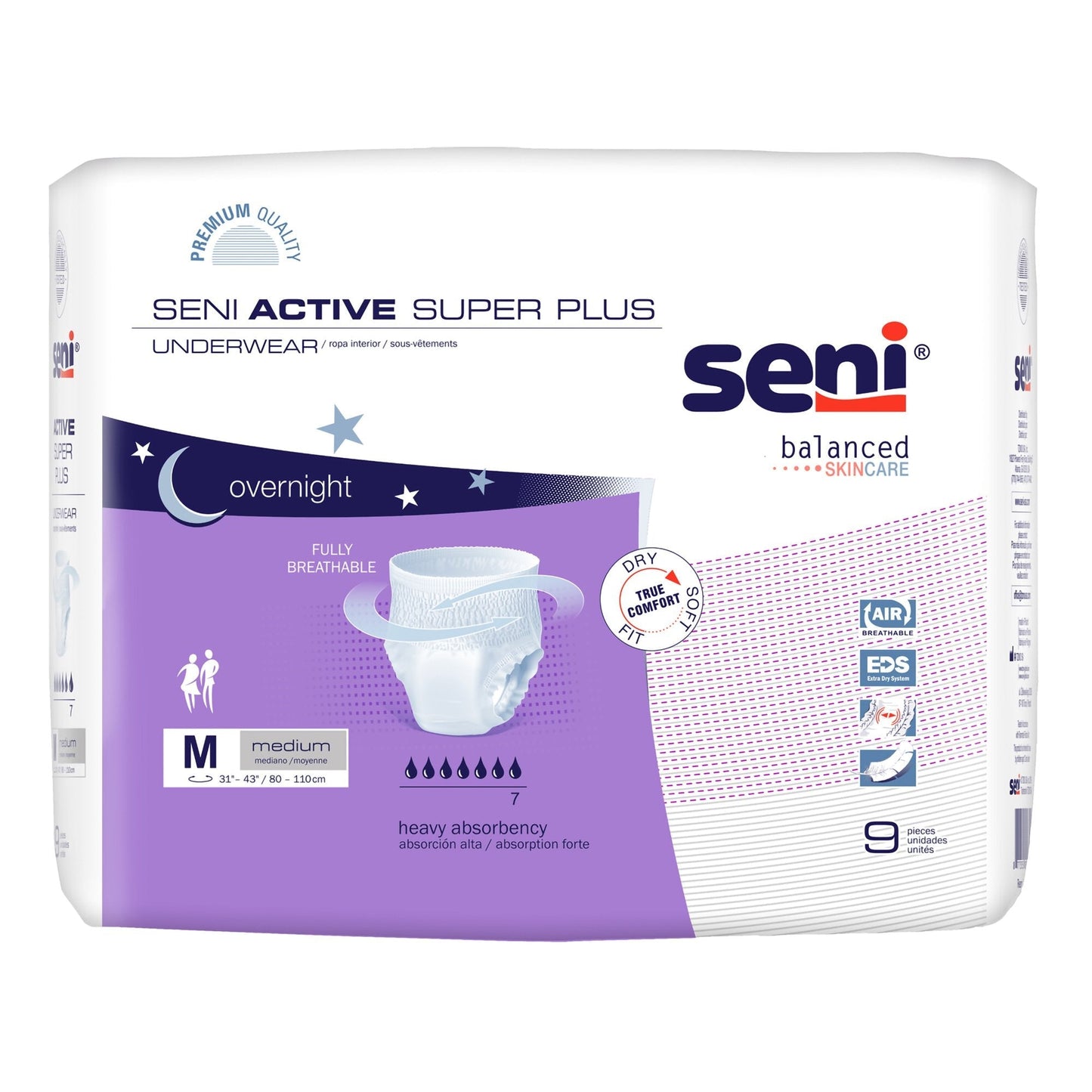 Medium M pull-on incontinence underwear, 9-count, white, overnight