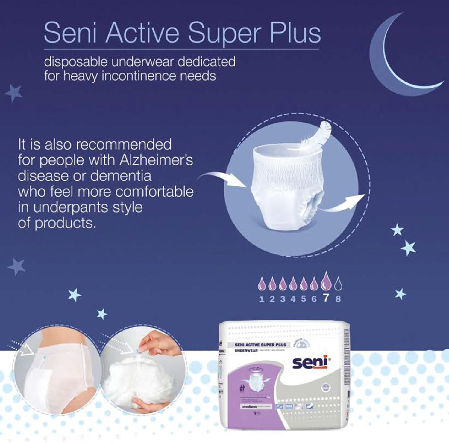 Seni Active Super Plus disposable underwear package with absorbency drop chart