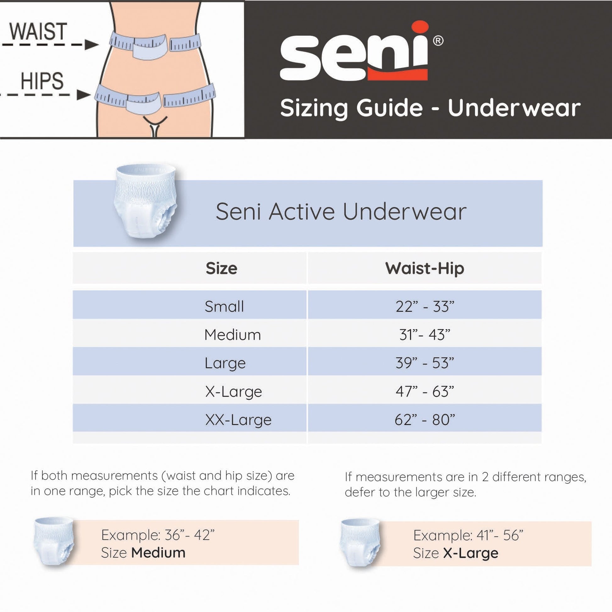 Sizing guide for disposable underwear: waist-hip ranges from small to XX-large