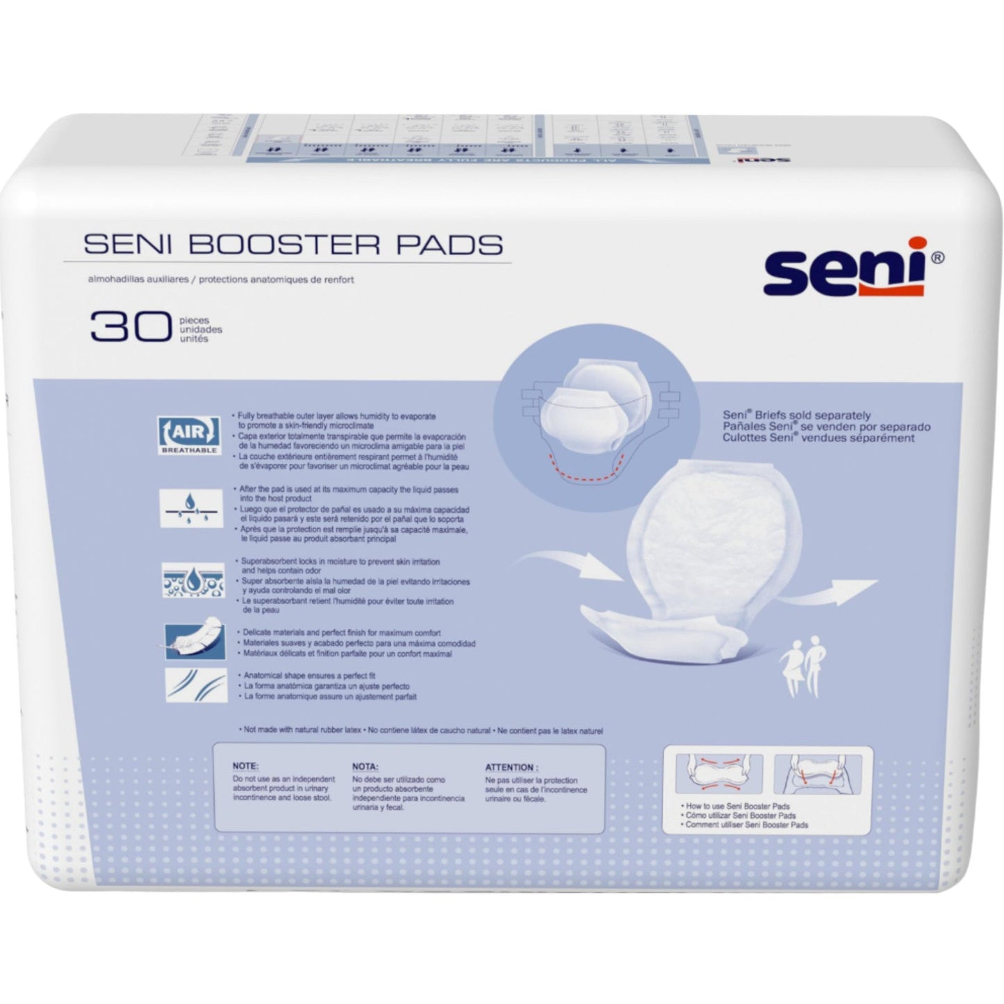 Seni Booster Pads box back panel with instructions and 30 pieces for disposable pads