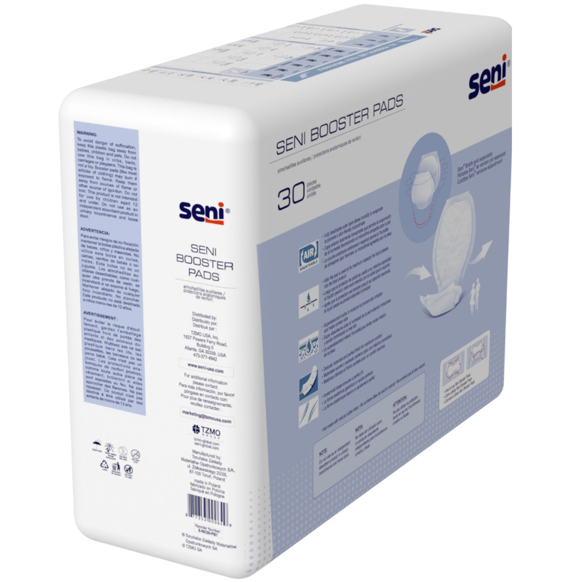 Seni Booster Pads box side with 30 count and air-breathable pad icon