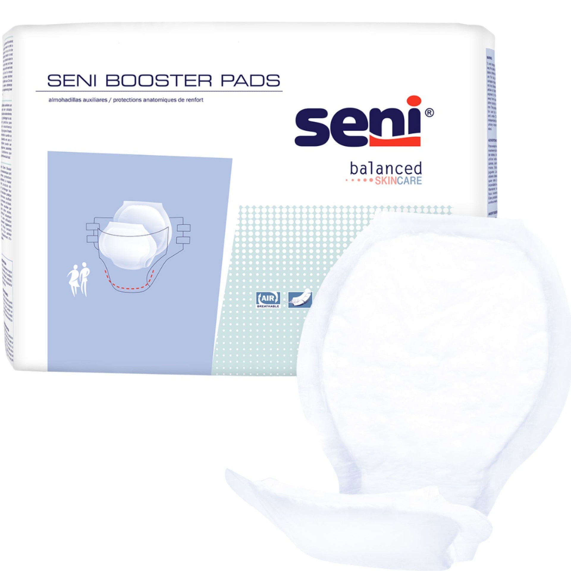 Seni Booster Pads package with front graphics, 30 pads, anatomically shaped protection