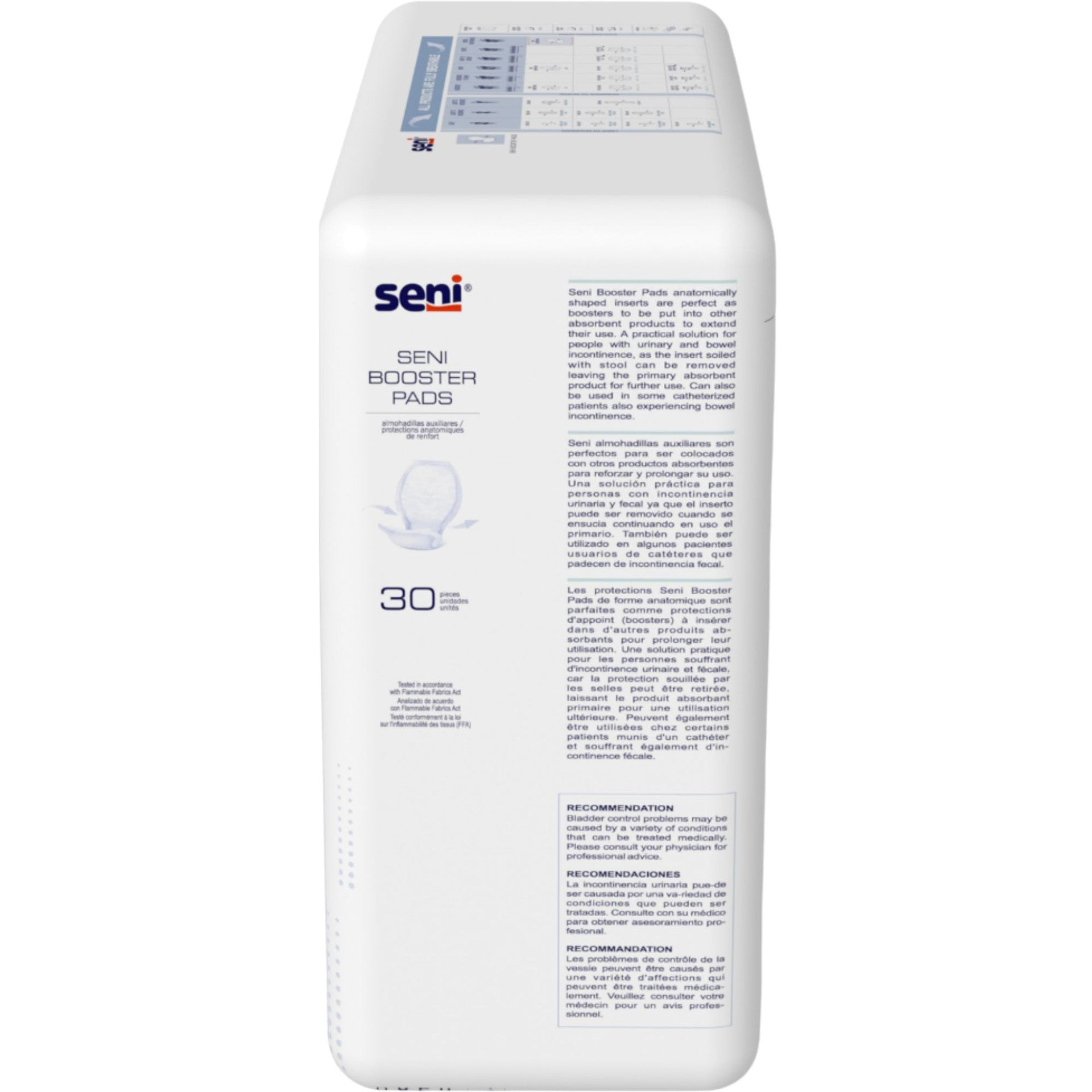 Seni Booster Pads box rear view with text and 30 pieces, disposable underpad