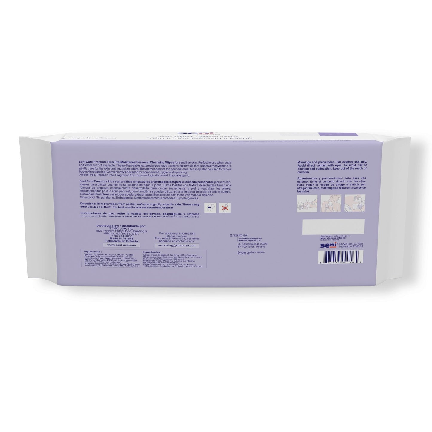 Premium Plus cleansing wipes back of pack, 48 wipes, 12 x 10 in size info